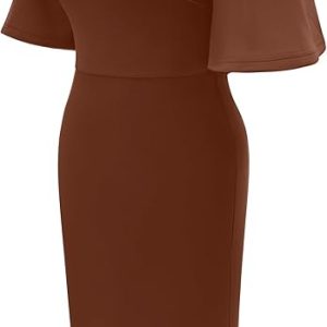 Women's Basic Bodycon Ruffle Flared Short Sleeve Pencil Midi Dress